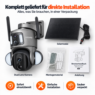 4G Überwachungskamera – 2K + 2K Dual-Lens PTZ – IP65 Solar – 15.600 mAh