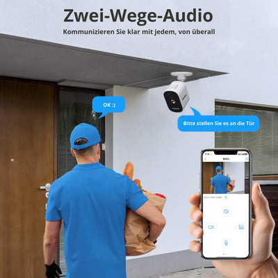 Zwei-Wege-Audio Überwachungskamera an Haus, Lieferung wird per Smartphone-App überwacht