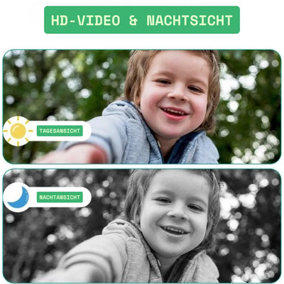Vergleich von HD-Video mit Tag- und Nachtsicht, Nahaufnahme eines lachenden Kindes im Freien.