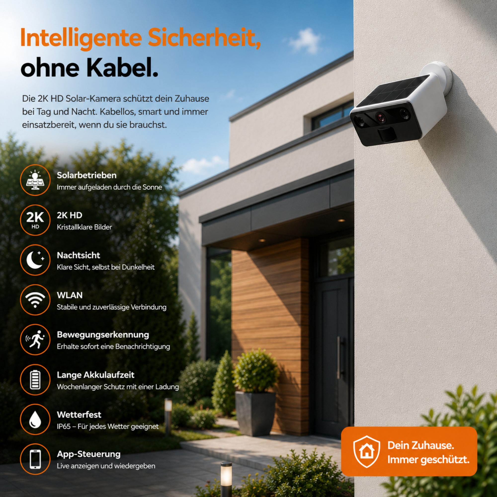 2K Außenkamera mit Nachtsicht – Drahtlose FHD Solar-Überwachungskamera – IP66 – WLAN mit App