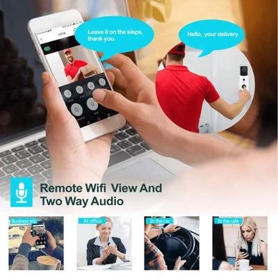 Smartphone zeigt Live-Video einer WLAN-Türklingel mit Gegensprechfunktion, Hausüberwachung