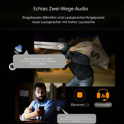 Alarmanlage mit Zwei-Wege-Audio, Mikrofon und Lautsprecher, Dieb und Nutzer mit Smartphone