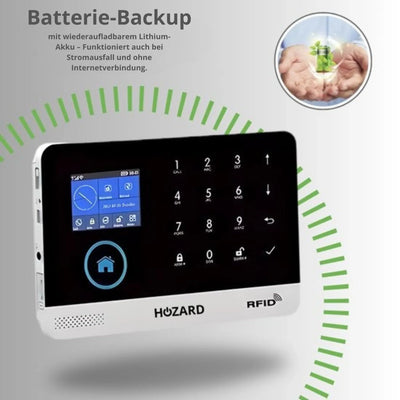 Moderne Alarmanlage mit Touchscreen, Batterie-Backup und RFID-Funktion, energiesparend