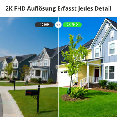Vergleich 1080p vs 2K FHD Auflösung mit Klarheit bei moderner Wohnhaus-Fassade, Sicherheit
