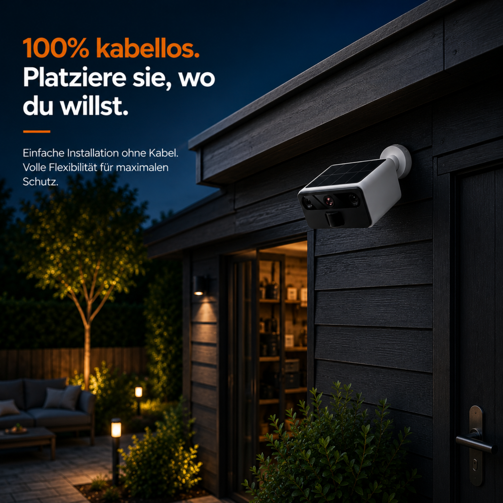 2K Außenkamera mit Nachtsicht – Drahtlose FHD Solar-Überwachungskamera – IP66 – WLAN mit App