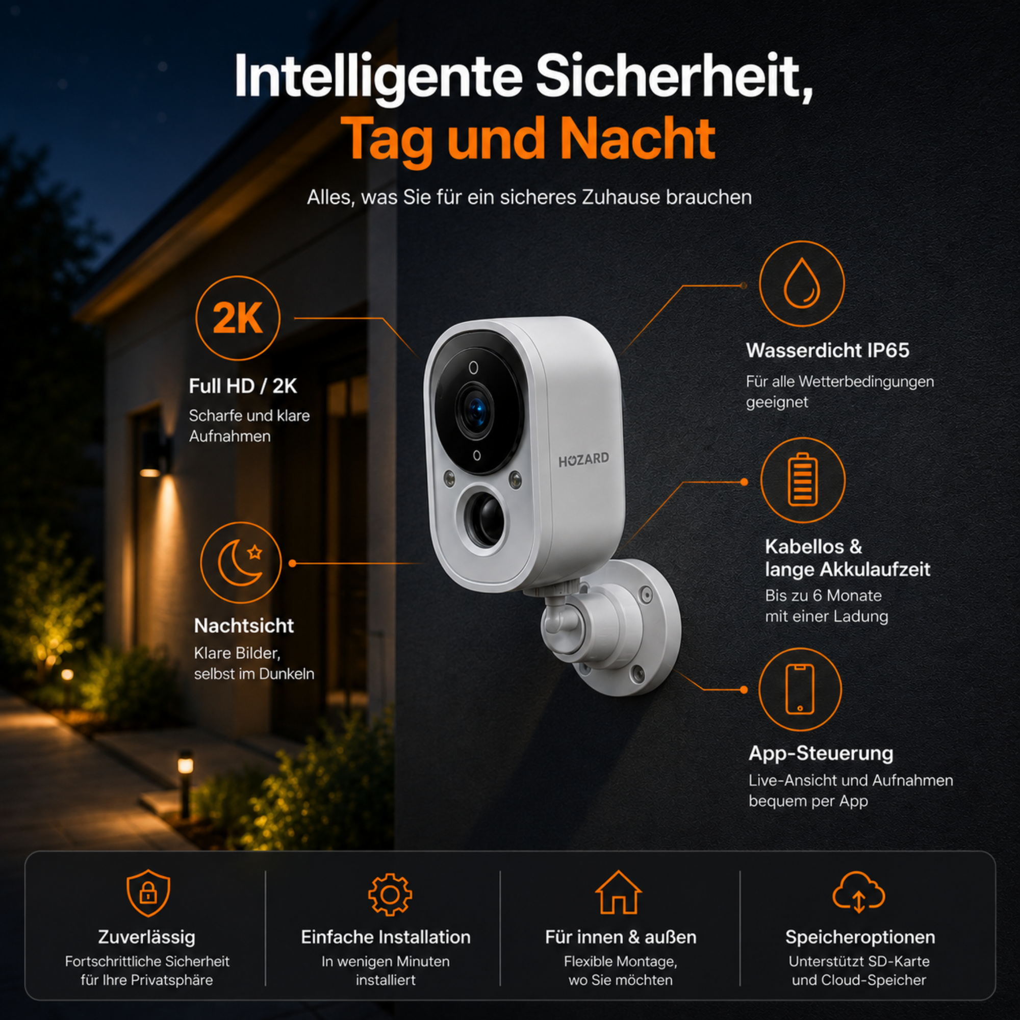 2.5K Überwachungskamera UHD Innen & Außen – Kabellose WLAN-Akkukamera