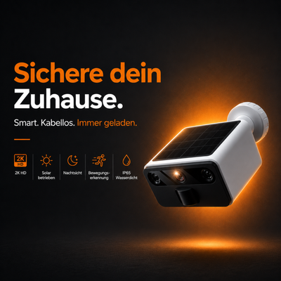 2K Außenkamera mit Nachtsicht – Drahtlose FHD Solar-Überwachungskamera – IP66 – WLAN mit App