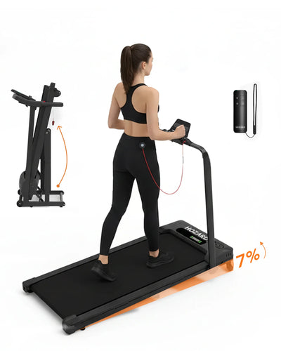 Frau trainiert auf klappbarem Heimtrainer-Laufband mit 7% Steigung und Fernbedienung