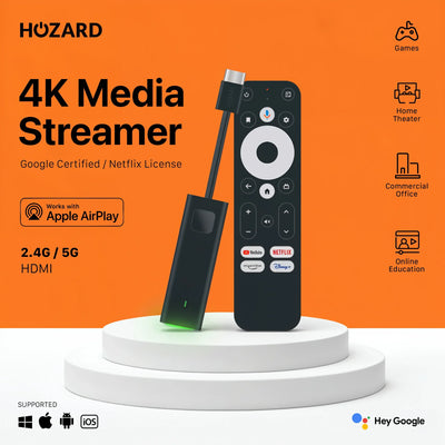 4K Media Streamer mit Fernbedienung, HDMI-Anschluss, unterstützt Apple AirPlay, Google-zertifiziert, orange Hintergrund.