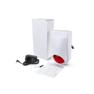 Drahtlose Außensirene 110dB mit Netzteil, Montagematerial und Anleitung auf weißem Hintergrund