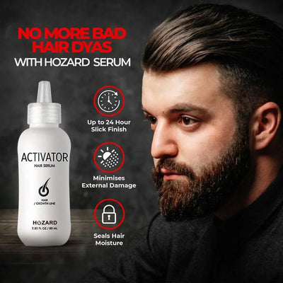 Mann mit gestyltem Haar neben Hozard Activator Haarserum, Produkt für Haarglättung und Schutz.