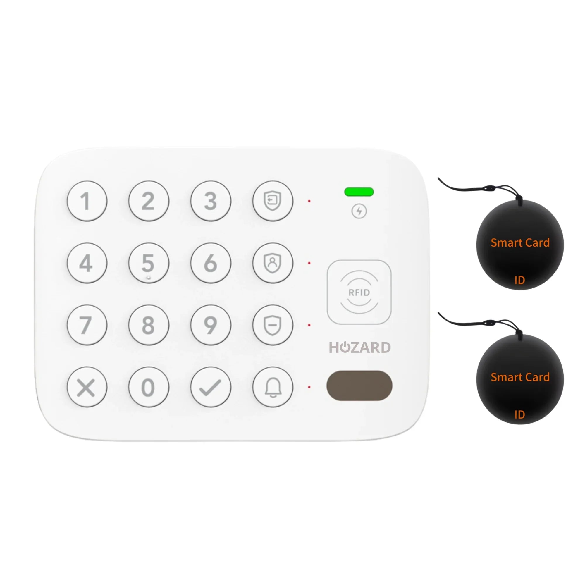 Weißes Alarmanlagen-Bedienfeld mit RFID-Tastenfeld und zwei schwarzen Smart Card Tags