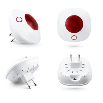 Steckdosen-Alarmanlage mit rotem LED-Licht, verschiedene Ansichten, smartes Sicherheitssystem