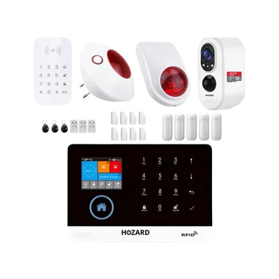 Moderne kabellose Alarmanlage mit Touch-Bedienfeld, Sensoren, Kamera und Fernbedienungen.