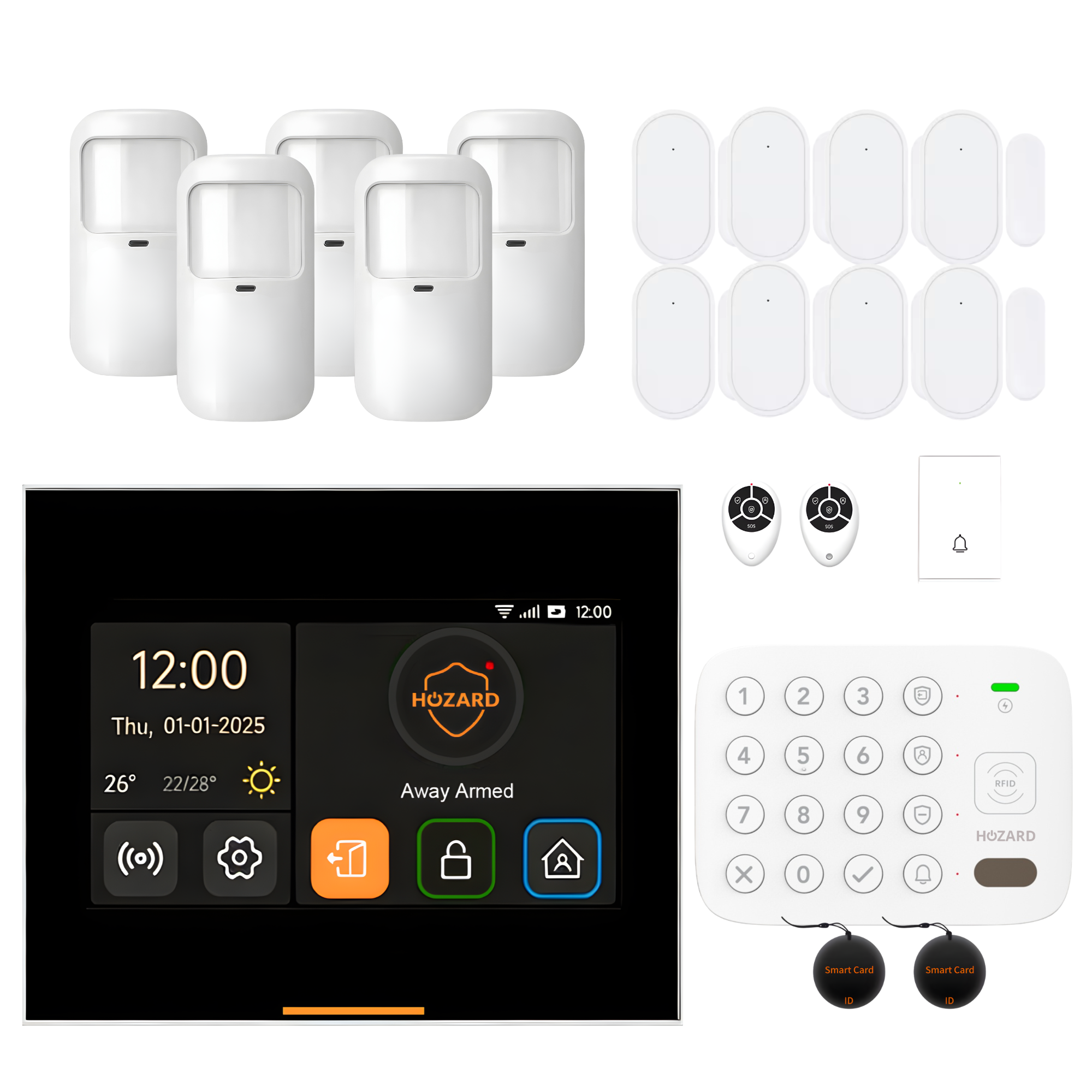 Moderne Alarmanlage Set mit Sensoren, Tastatur, Display, Fernbedienungen und RFID-Tags für Zuhause