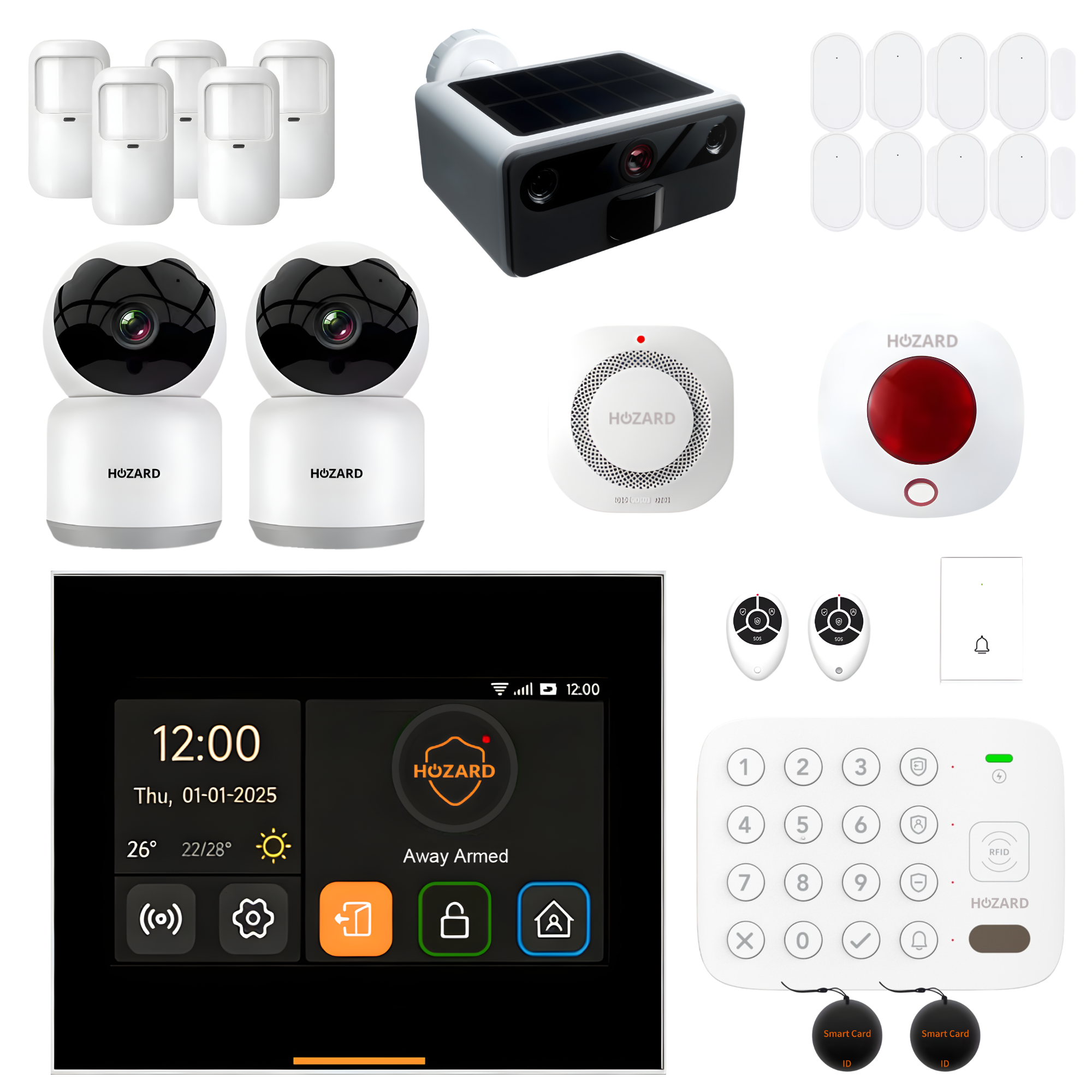 Intelligentes Alarmsystem Set mit Überwachungskameras, Bewegungsmeldern, Sirene und Bedienfeld