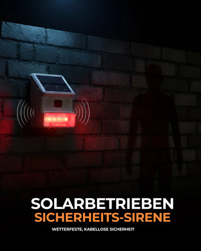 Solarbetriebene Sicherheits-Sirene mit LED-Licht an Hauswand bei Nacht, wetterfest und kabellos