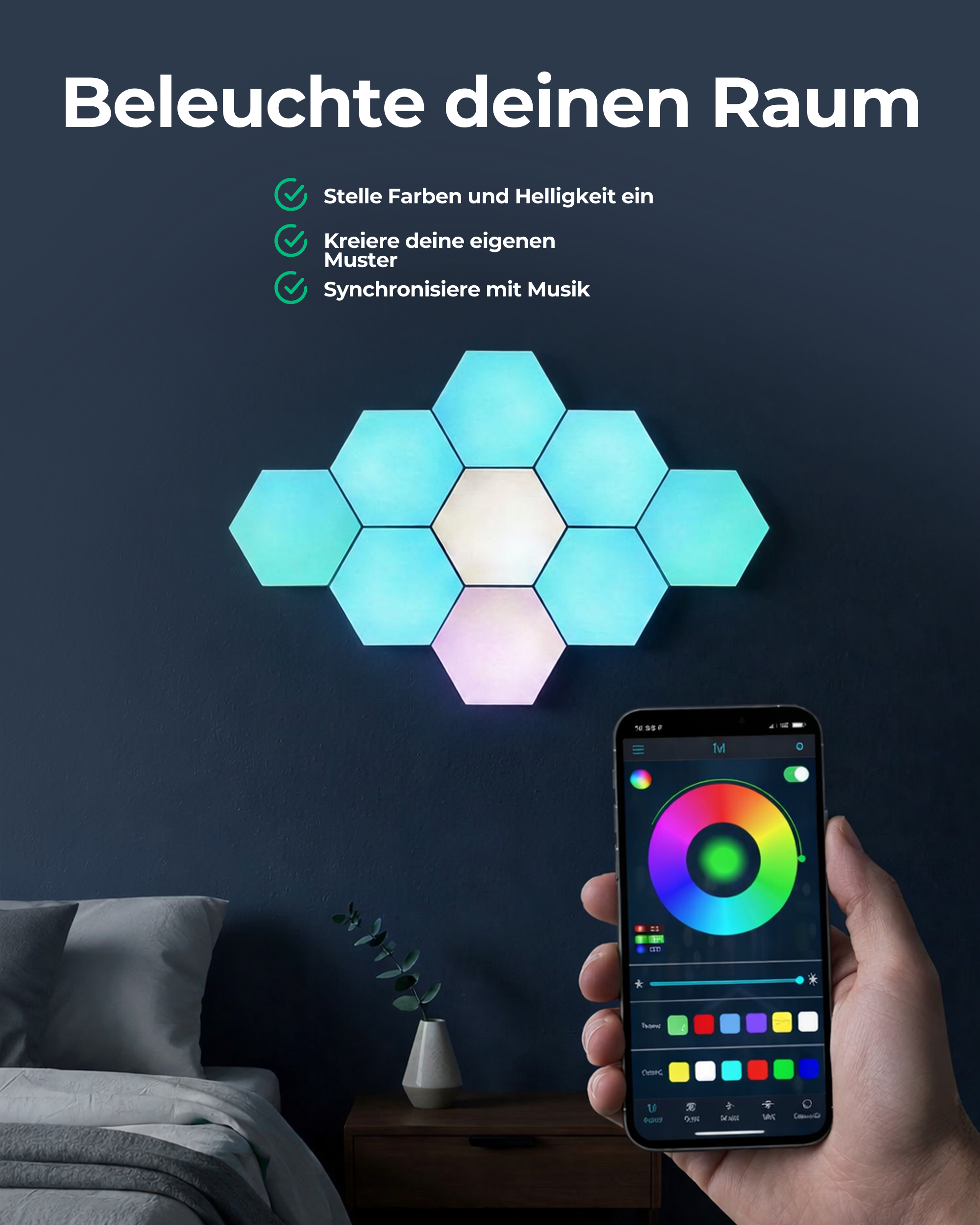 Hexagon LED Lichter App – Innenwandleuchte – RGB LED Beleuchtung – Gaming Zubehör – 6x LED-Panels