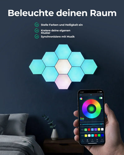 Intelligente LED-Lichtpanels an Wand im Schlafzimmer, Steuerung per Smartphone-App