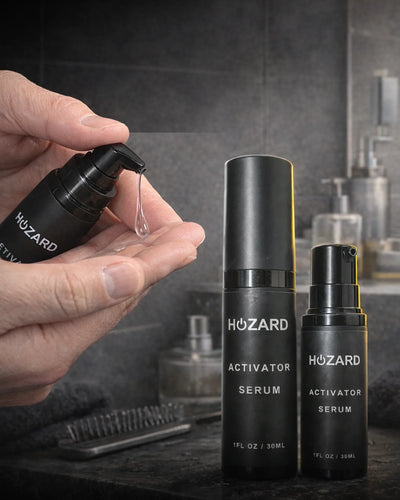 Mann trägt Hozard Activator Serum im modernen Badezimmer auf, zwei schwarze Serum-Flaschen im Fokus.