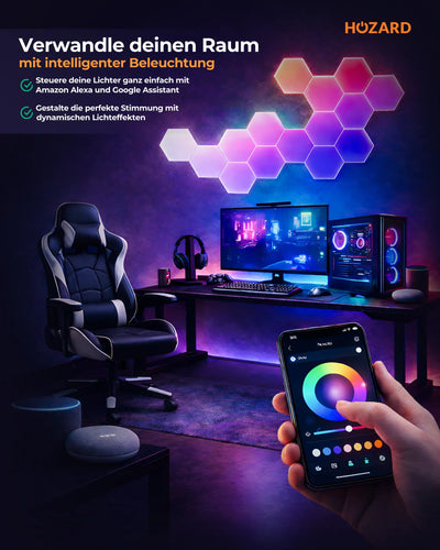 Gaming-Setup mit LED-Hexagon-Wandbeleuchtung, Smartphone-Steuerung, RGB-Lichtern und Schreibtisch